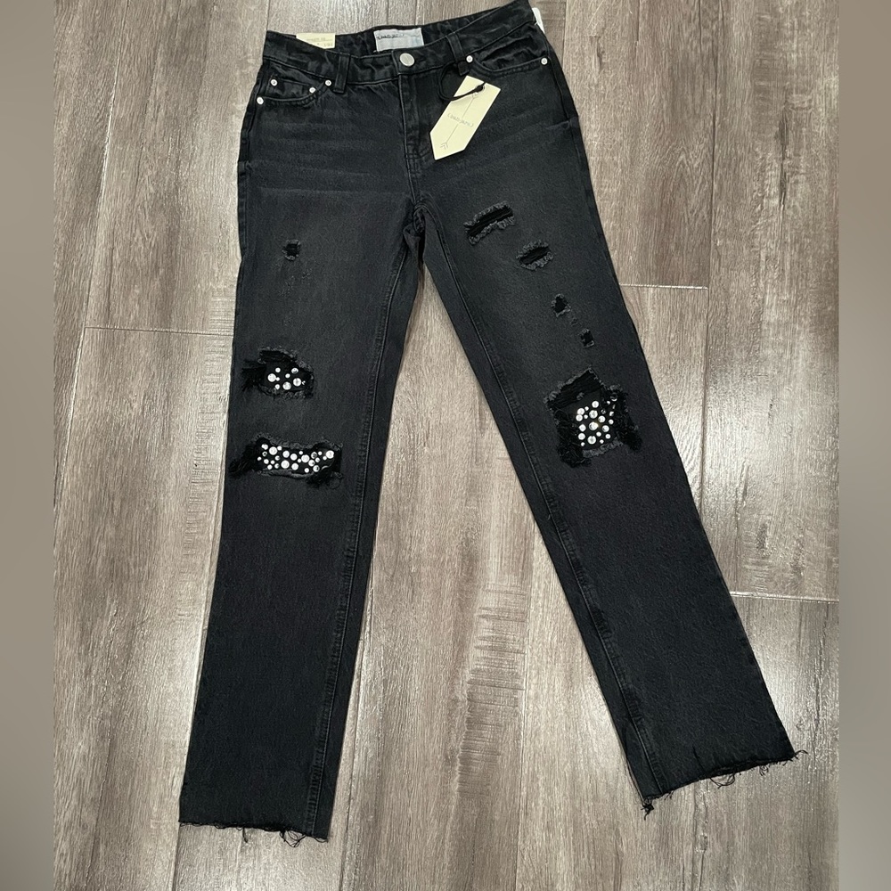 Ban-Jara Black straight leg mid rise with  rhinestones distressed jeans